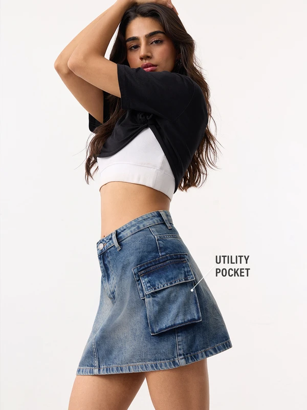 Denim Blue Cargo Denim Skirts   Women Denim Skirts