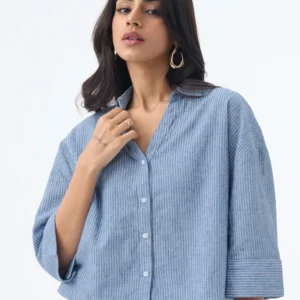 Cotton Linen Shirt: Azure  Women Oversized Shirts