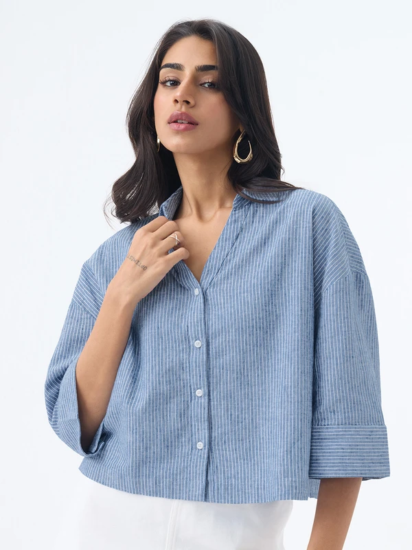 Cotton Linen Shirt: Azure  Women Oversized Shirts